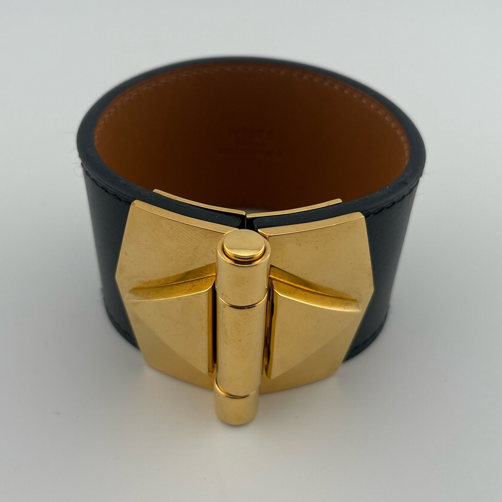 Hermès Bérénice Chamonix Leather Cuff Bracelet Black Gold Tone Made in France - Picture 2 of 8